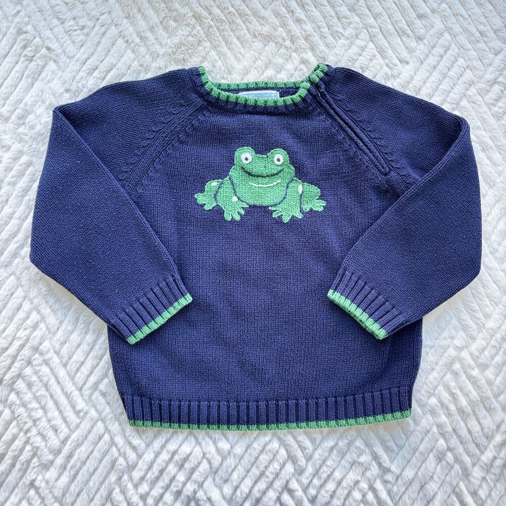 Janie and Jack 3T Navy Frog Intarsia Knit Sweater Pullover Cotton Preppy